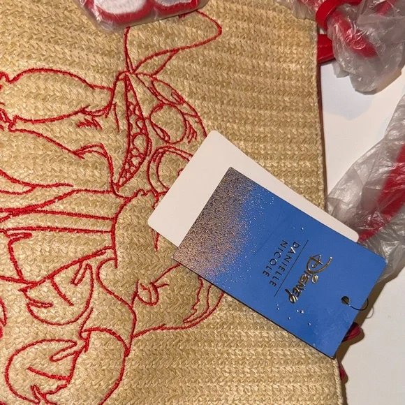 Disney Straw Tote with Red Embroidered Stitch and Flower Charm - Picture 3 of 9